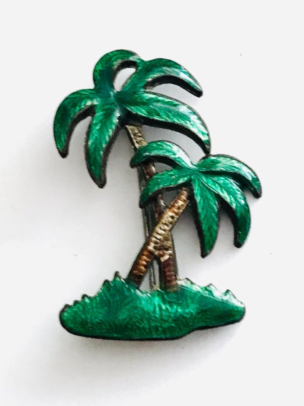 Vintage Antique Enameled Green Palm Tree Brooch 1930s Early Clasp